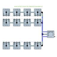 RAIN 12 Pot 3 Row 15L Remote Header Kit diagram: 12 grey hydroponic pots in 3 rows connected to a reservoir.
