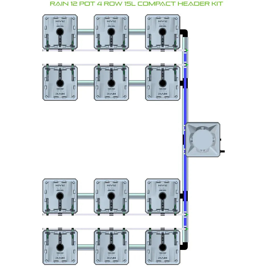 RAIN 12-pot, 4-row (15L) compact irrigation header kit with square grey pots and plumbing layout.