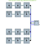 RAIN 12 Pot 4 Row 30L Remote Header Kit diagram showing 12 grey square pots in 4 rows connected to a header unit.