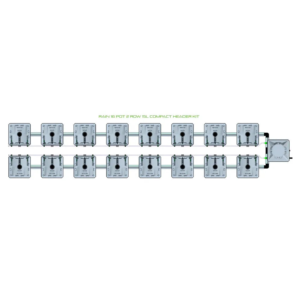 RAIN 16 POT 2 ROW 15L COMPACT HEADER KIT for hydroponic irrigation, 16 grey modules in two rows, connected by tubing.