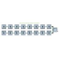 RAIN 16 POT 2 ROW 15L COMPACT HEADER KIT for hydroponic irrigation, 16 grey modules in two rows, connected by tubing.