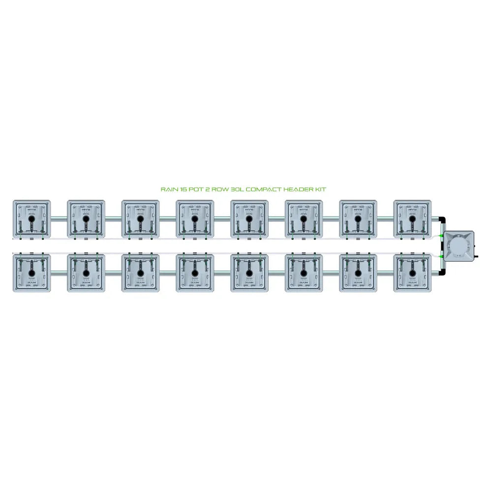 RAIN 16 POT 2 ROW 30L COMPACT HEADER KIT: Two rows of 8 grey square pots, connected by tubing to a central manifold.