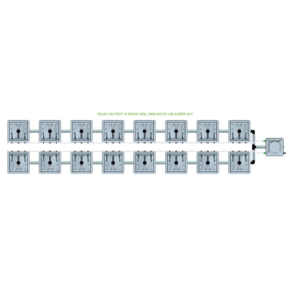 RAIN 16 Pot 2 Row 30L Remote Header Kit: 16 grey square pots in two rows, linked by pipes to a header unit.