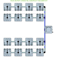 RAIN 16 Pot 4 Row 15L Compact Header Kit diagram. 16 grey hydroponic pots in a 4x4 grid, connected by piping.