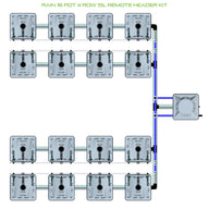 RAIN 16 Pot 4 Row 15L Remote Header Kit diagram of 16 grey modules connected by pipes to a central reservoir.
