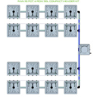 RAIN 16-pot 4-row 30L compact header kit: Grey square hydroponic pots, connected by pipes to a blue main line and reservoir.