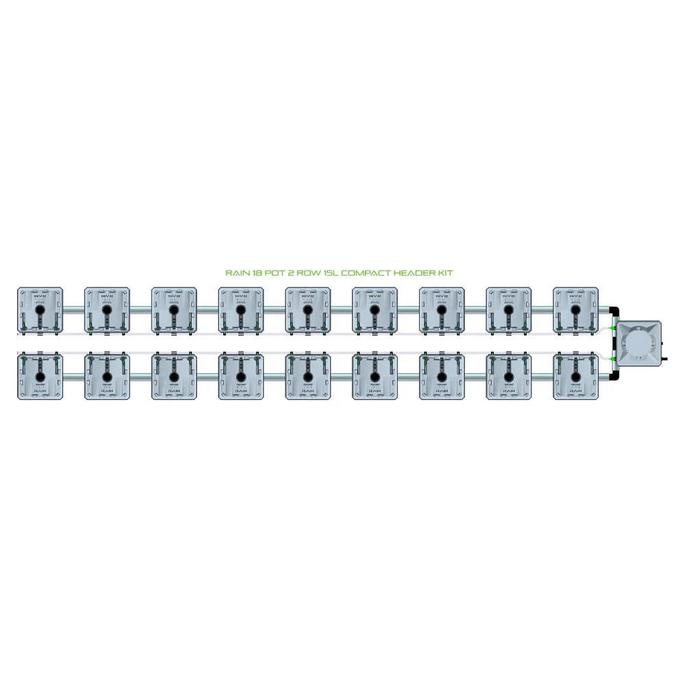 Rain 18 Pot 2 Row 15L Compact Header Kit: 18 grey square pots in two rows, connected by green/black tubing.