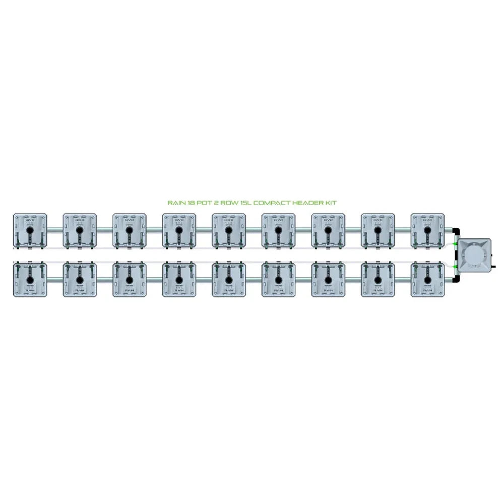 Rain 18 Pot 2 Row 15L Compact Header Kit: 18 grey square pots in two rows, connected by green/black tubing.