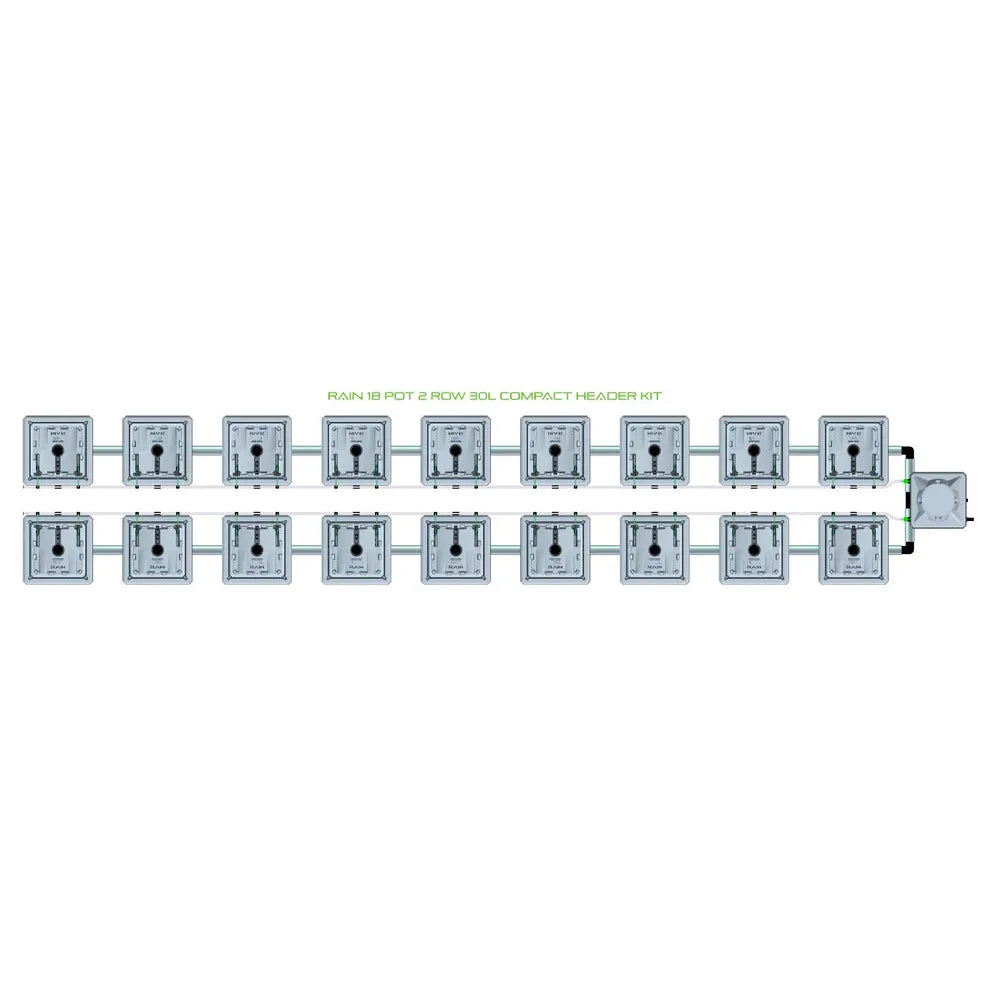 Diagram of a RAIN 18 Pot 2 Row 30L Compact Header Kit, with 18 grey square modules in two rows, connected by pipes.