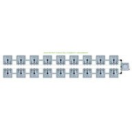 Diagram of a RAIN 18 Pot 2 Row 30L Compact Header Kit, with 18 grey square modules in two rows, connected by pipes.