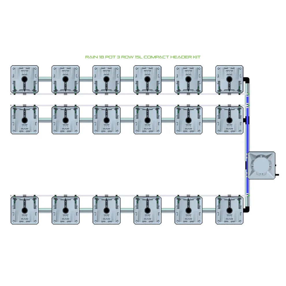 Overhead view of RAIN 18 Pot 3 Row 15L Compact Header Kit: 18 gray square pots, connected by pipes, with a reservoir.