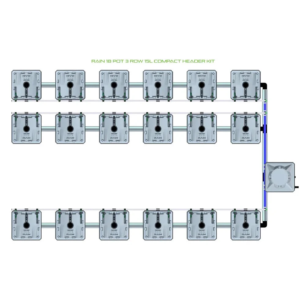 Overhead view of RAIN 18 Pot 3 Row 15L Compact Header Kit: 18 gray square pots, connected by pipes, with a reservoir.