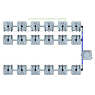 Overhead view of RAIN 18 Pot 3 Row 15L Compact Header Kit: 18 gray square pots, connected by pipes, with a reservoir.