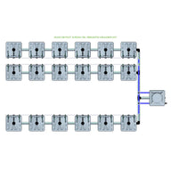 RAIN 18 Pot 3 Row 15L Remote Header Kit: 18 grey square pots in 3 rows, connected by pipes to a reservoir.