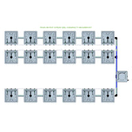 RAIN 18 Pot 3 Row 30L Compact Header Kit hydroponic system layout with 18 grey pots, tubing, and pump.