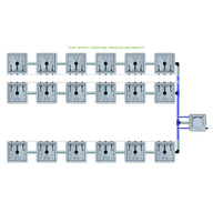 RAIN 18 Pot 3 Row 30L Remote Header Kit diagram: 18 grey square pots in 3 rows connected by pipes to a header.