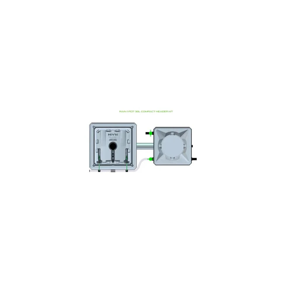 RAIN 1POT 30L Compact Header Kit with gray control box and connected pump, green fittings, top-down view.