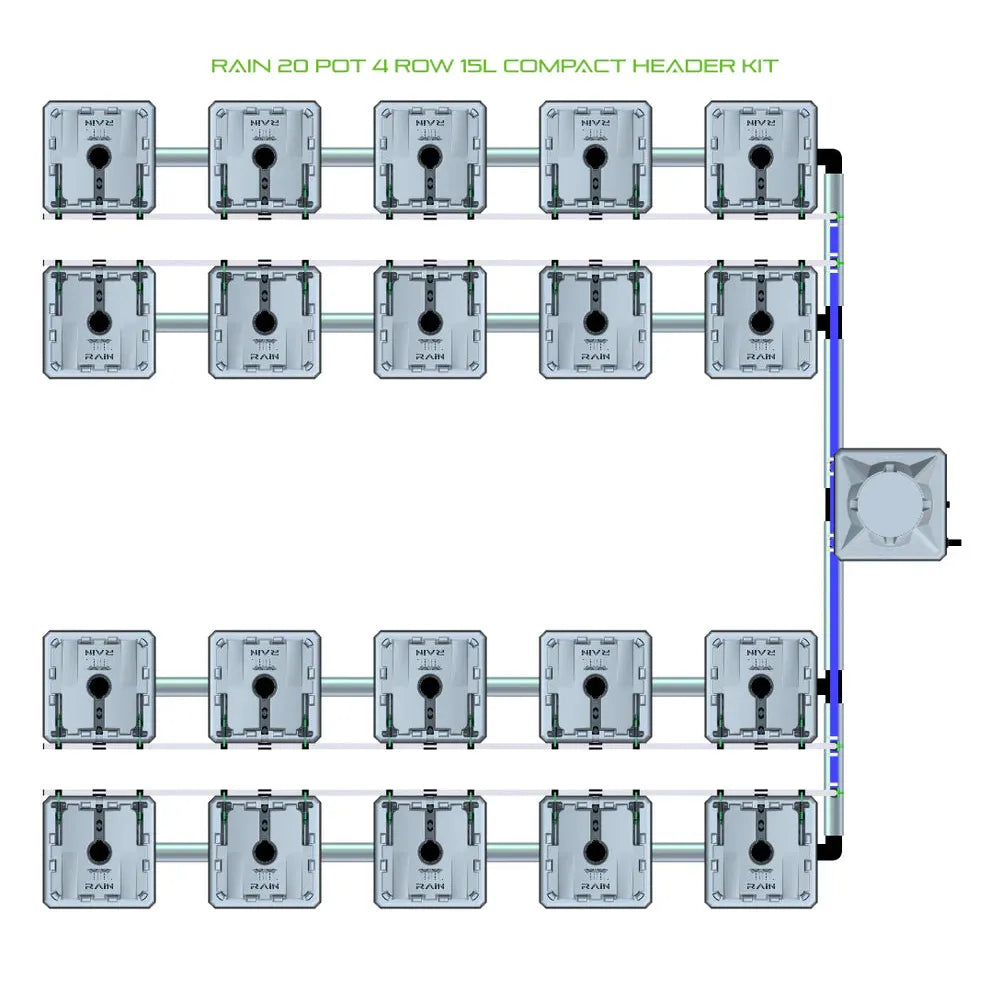 Overhead view of a RAIN 20 Pot 4 Row 15L Compact Header Kit with 20 square pots in 4 rows connected by pipes.