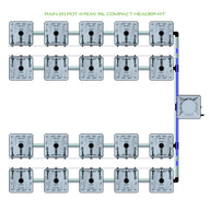 Overhead view of a RAIN 20 Pot 4 Row 15L Compact Header Kit with 20 square pots in 4 rows connected by pipes.