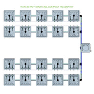 Overhead view of a RAIN 20-pot, 4-row compact header kit, showing gray pots connected by pipes to a blue header.