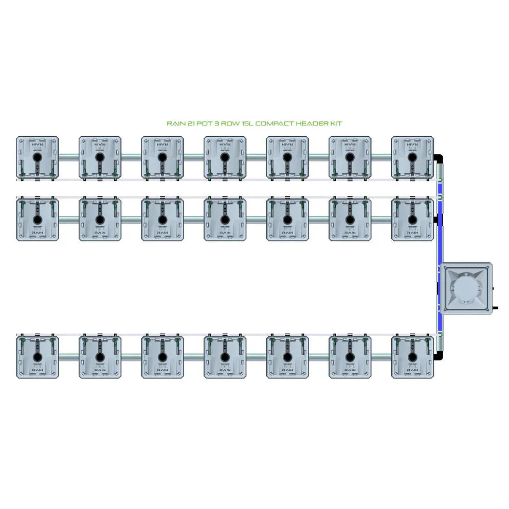 RAIN 21 Pot 3 Row 15L Compact Header Kit. Overhead view of 21 grey pots in 3 rows, blue pipe connections, reservoir.