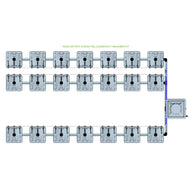 RAIN 21 Pot 3 Row 15L Compact Header Kit. Overhead view of 21 grey pots in 3 rows, blue pipe connections, reservoir.