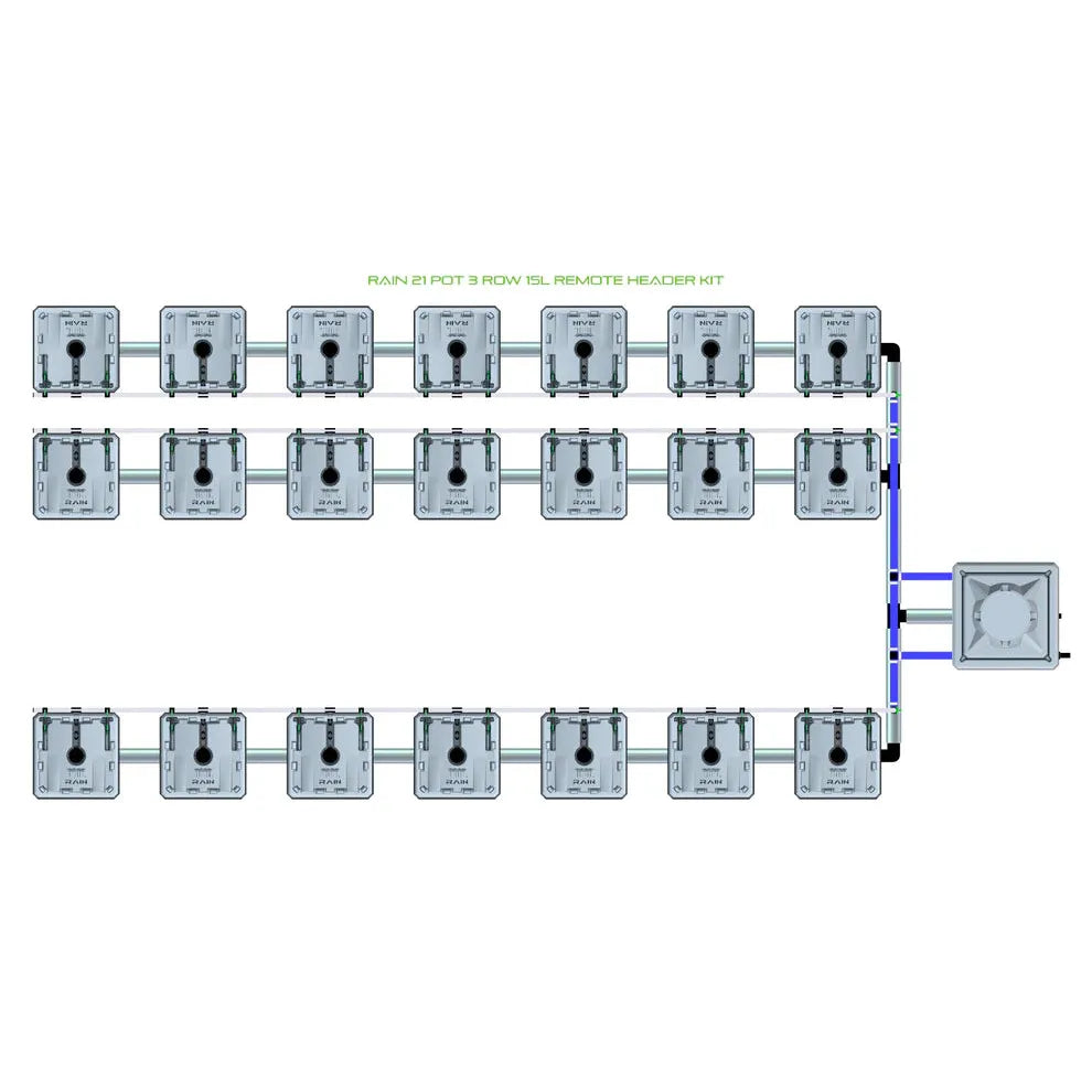 RAIN 21 Pot 3 Row 15L Remote Header Kit: 21 gray square pots in 3 rows, connected by tubes to a central header tank.
