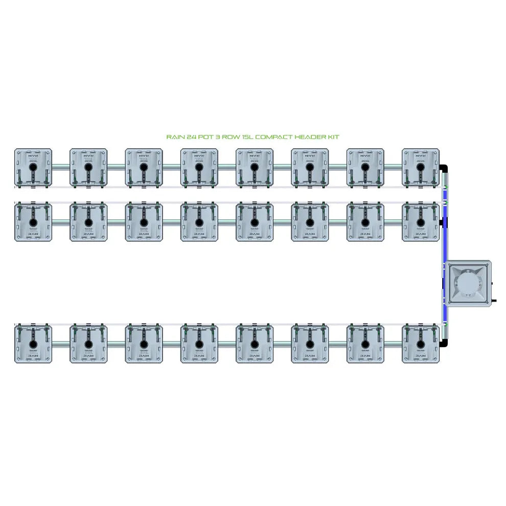 RAIN 24 Pot 3 Row 15L Compact Header Kit. Overhead view of 24 grey square pots with irrigation system.