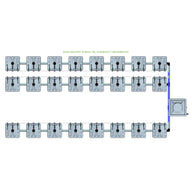 RAIN 24 Pot 3 Row 15L Compact Header Kit. Overhead view of 24 grey square pots with irrigation system.