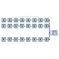 RAIN 24 Pot 3 Row 15L Remote Header Kit, 24 grey irrigation units in 3 rows connected to a main header.