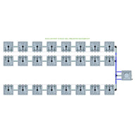 Diagram of RAIN 24 Pot 3 Row 30L Remote Header Kit: 24 square pots in 3 rows linked to a remote header unit.
