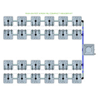RAIN 24 Pot 4 Row 15L Compact Header Kit diagram: 24 grey hydroponic pots connected by tubing to a header tank.
