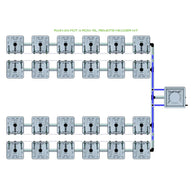 RAIN 24 Pot 4 Row 15L Remote Header Kit diagram showing 24 grey square pots in 4 rows connected by pipes.