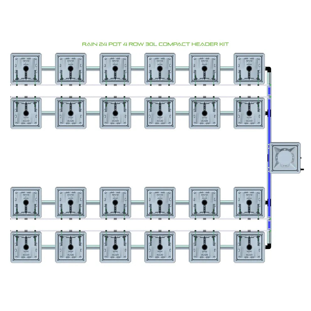 Top-down view of RAIN 24 Pot, 4 Row, 30L Compact Header Kit hydroponic system with grey pots and blue plumbing.