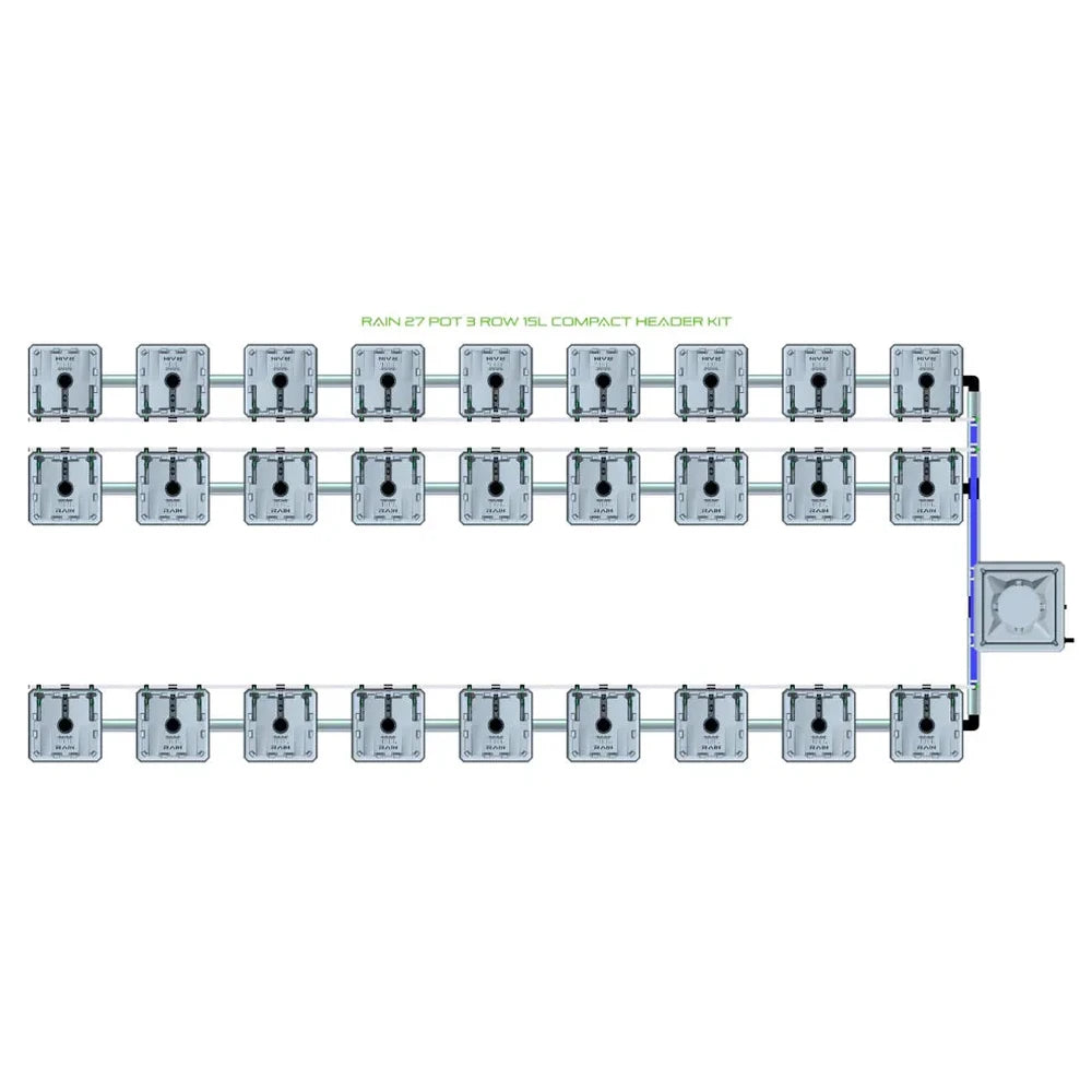 Top-down view of a RAIN 27 pot, 3-row, 15L compact header hydroponic irrigation kit with grey square modules.