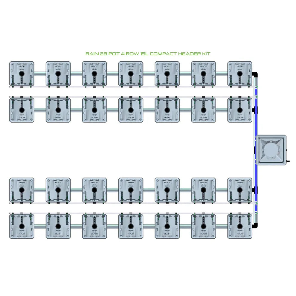RAIN 28 pot 4 row 15L compact header kit. Gray hydroponic grow pots, blue tubing, and central reservoir.