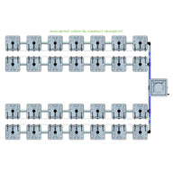 RAIN 28 pot 4 row 15L compact header kit. Gray hydroponic grow pots, blue tubing, and central reservoir.
