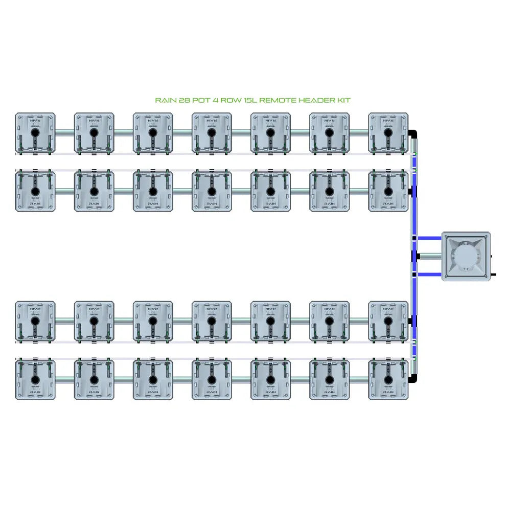 RAIN 28 Pot 4 Row 15L Remote Header Kit: 28 grey square hydroponic pots in 4 rows, connected to a header tank.