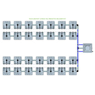 RAIN 28 Pot 4 Row 15L Remote Header Kit: 28 grey square hydroponic pots in 4 rows, connected to a header tank.