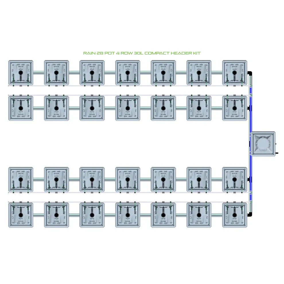 Rain 28 Pot 4 Row 30L Compact Header Kit: 28 square grey hydroponic pots in 4 rows connected by pipes.