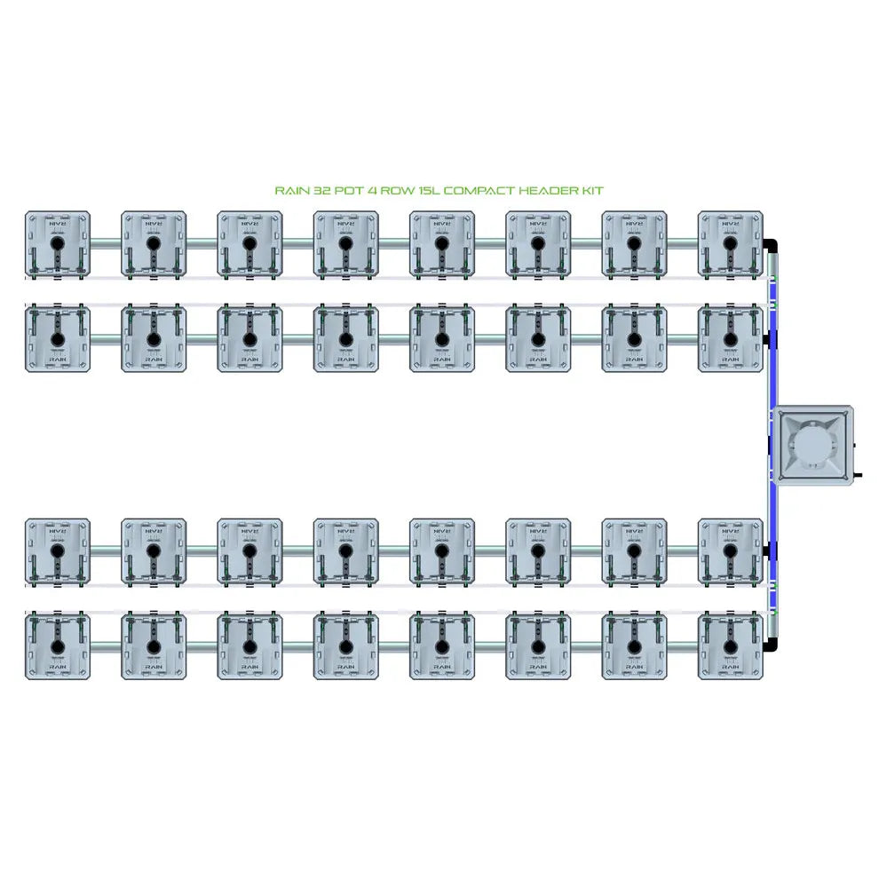 Top-down view of RAIN 32 Pot 4 Row 15L Compact Header Kit with 32 gray pots in a grid, connected by pipes to a header unit.