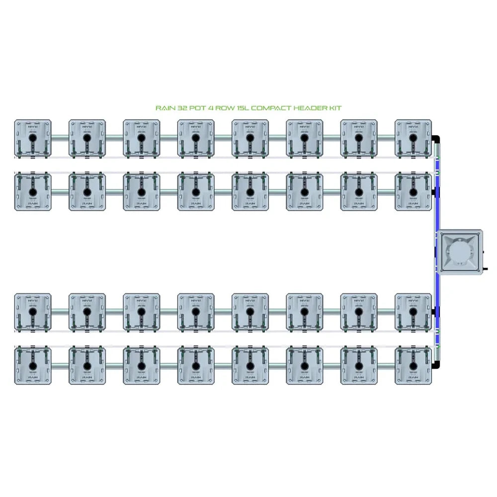 Top-down view of RAIN 32 Pot 4 Row 15L Compact Header Kit with 32 gray pots in a grid, connected by pipes to a header unit.