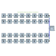 Top-down view of RAIN 32 Pot 4 Row 15L Compact Header Kit with 32 gray pots in a grid, connected by pipes to a header unit.