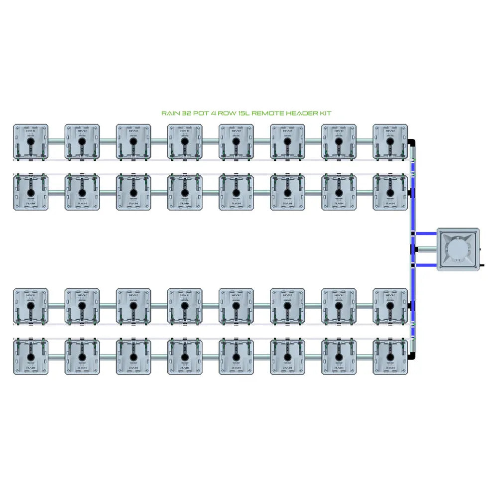 RAIN 32 Pot 4 Row 15L Remote Header Kit: 32 grey irrigation pots in 4 rows connected by tubing to a main header.