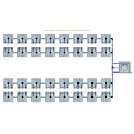 RAIN 32 Pot 4 Row 15L Remote Header Kit: 32 grey irrigation pots in 4 rows connected by tubing to a main header.