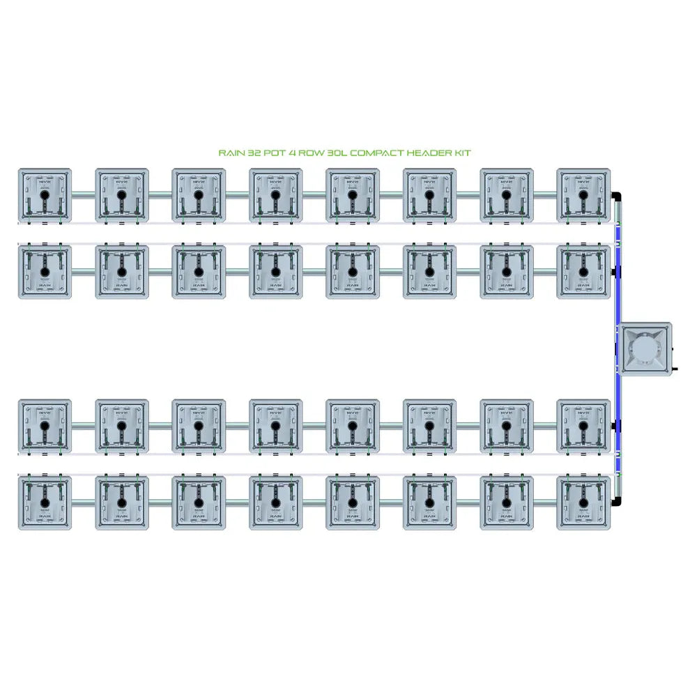 Top-down view of a RAIN 32 Pot 4 Row 30L Compact Header Kit for hydroponics, featuring 32 grey pots in a grid.