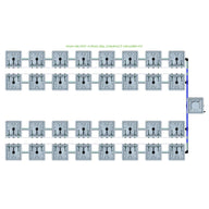 Top-down view of a RAIN 32 Pot 4 Row 30L Compact Header Kit for hydroponics, featuring 32 grey pots in a grid.