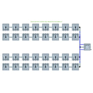 Top-down view of RAIN 32 POT 4 ROW 30L REMOTE HEADER KIT: 32 square pots in 4 rows, connected via blue and grey pipes.
