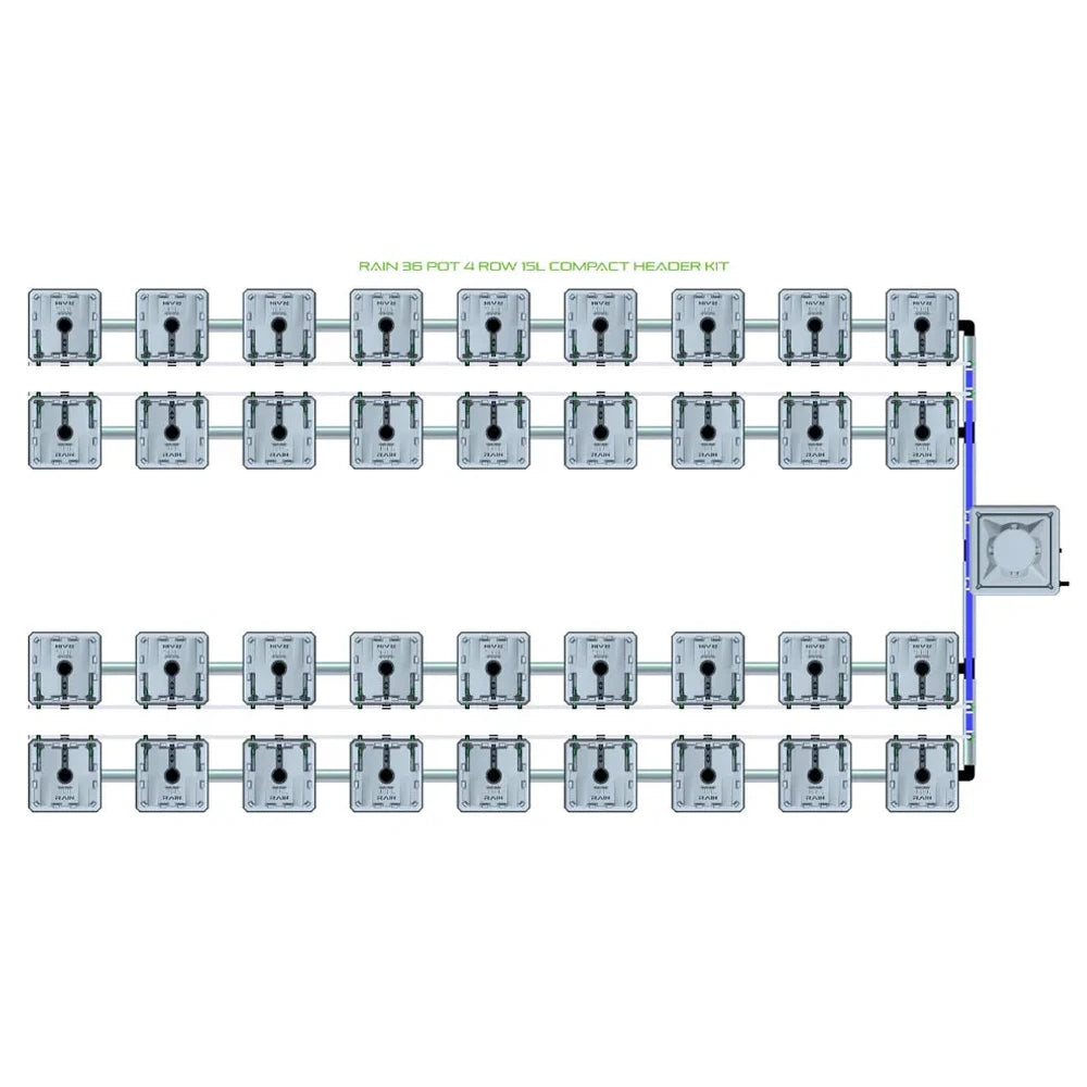 RAIN 36 Pot 4 Row 15L Compact Header Kit diagram with 36 square pots in a 4x9 grid, connected to a header.