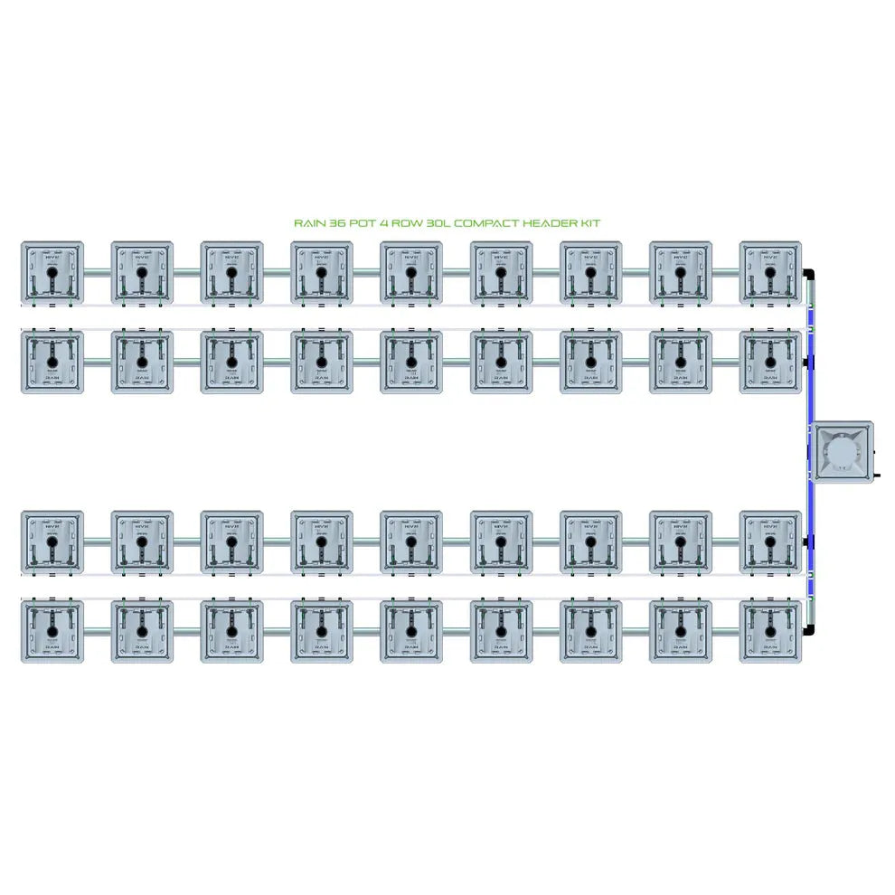 Top-down view of a RAIN 36 Pot 4 Row 30L Compact Header Kit with 36 square modules in 4 rows and connecting pipes.